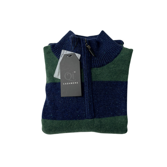1-39 QI CASHMERE Men's Sweater Zip-Henley Blue/Green Striped Medium - Picture 12 of 16
